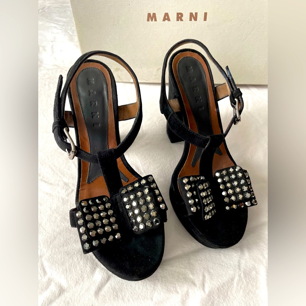 Marni Suede Rhinestone Studded Platform Sandals